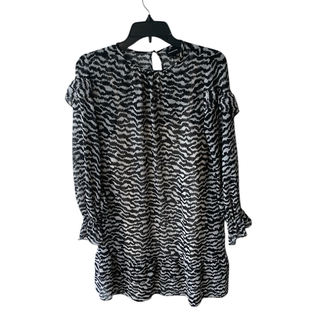 Who What Wear Womens Sheer Zebra Dress Black White Ruffled Long Sleeve Dress  XS
